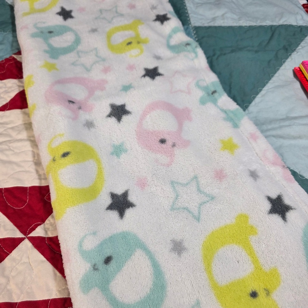 Cutie Pie Baby Blanket Infant 30x36 White Elephant Star Plush Fleece Pink Yellow